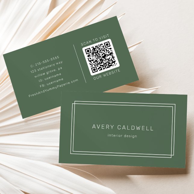 Carte De Visite AVERY Rustique Vert Foncé Boho Double Cadre Code Q (AVERY Rustic Dark Green Boho Double Frame QR Code Business Card)