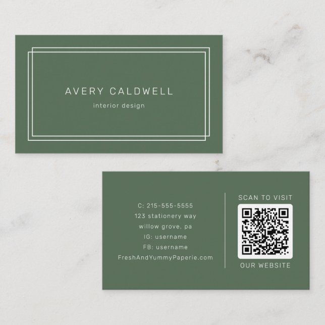 Carte De Visite AVERY Rustique Vert Foncé Boho Double Cadre Code Q (Devant / Derrière)