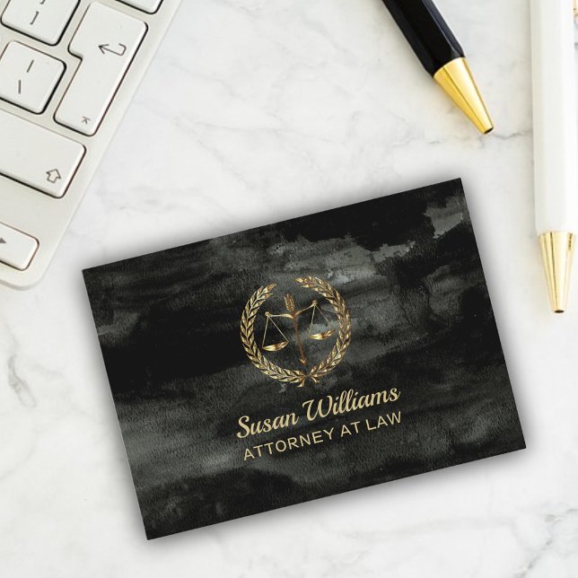 Carte De Visite Avocat aquarelle noir et or (Aquarel background, black business card, gold scales)