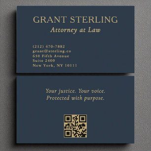 Carte De Visite Avocat de droit Marine Blue Gold QR Code