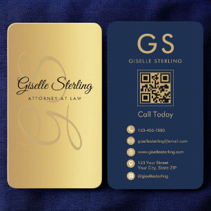 Carte De Visite Avocat de droit Marine Blue Gold QR Code Monogramm