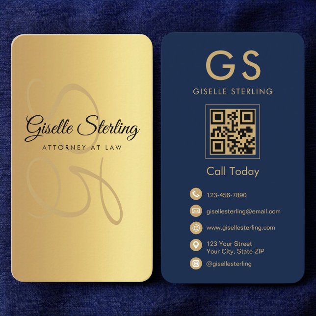 Carte De Visite Avocat de droit Marine Blue Gold QR Code Monogramm (Créateur téléchargé)