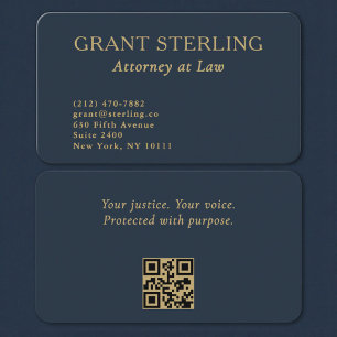 Carte de visite Avocat Droit Bleu Nuit Or avec QR 