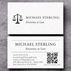 Carte De Visite Avocat noir blanc minimaliste à la loi Code QR