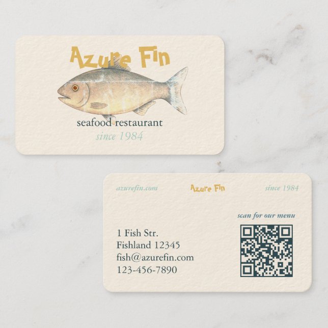 Carte De Visite Azure Fin Classic Fish Restaurant Code QR (Devant / Derrière)