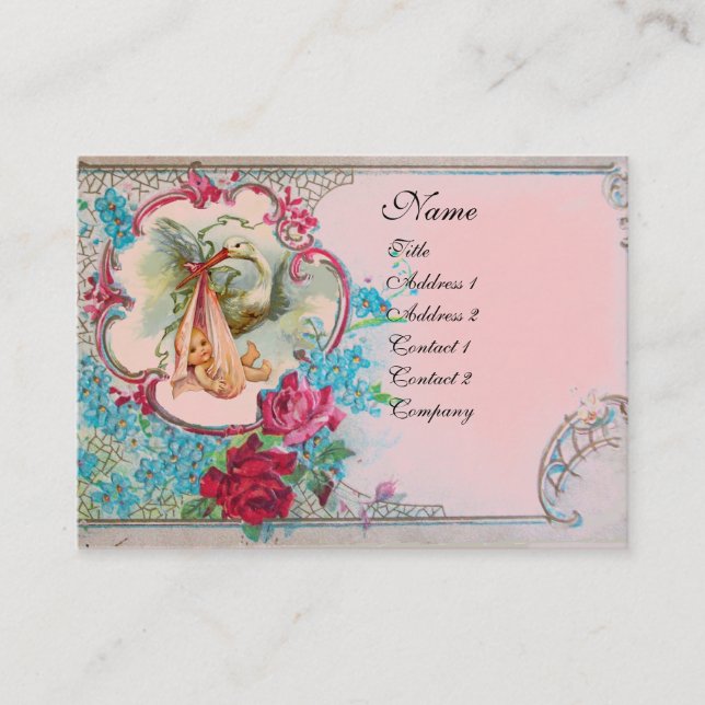 Carte De Visite Baby shower FLEURI AVEC MONOGRAMME ROSE (Devant)