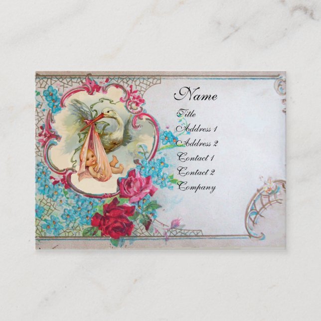 Carte De Visite Baby shower FLEURI AVEC MONOGRAMME ROSE (Devant)