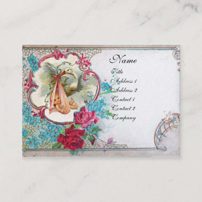 Carte De Visite Baby shower FLEURI AVEC MONOGRAMME ROSE (Devant)