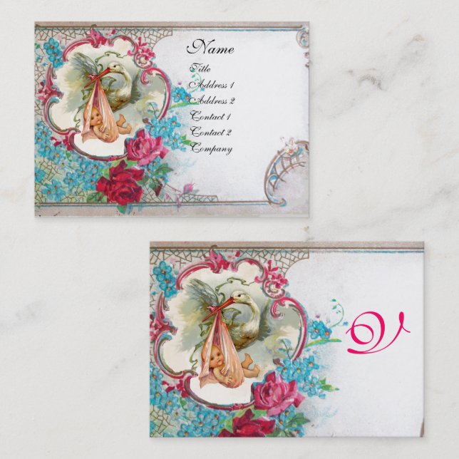 Carte De Visite Baby shower FLEURI AVEC MONOGRAMME ROSE (Devant / Derrière)