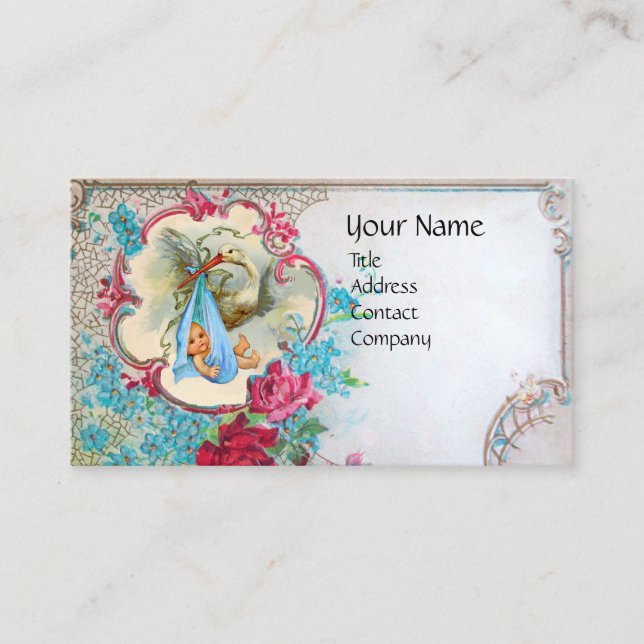 Carte De Visite Baby shower FLEURI AVEC MONOGRAMME ROSE (Devant)