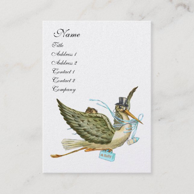 Carte De Visite BABY SHOWER STORK, Blue White Pearl Paper (Devant)