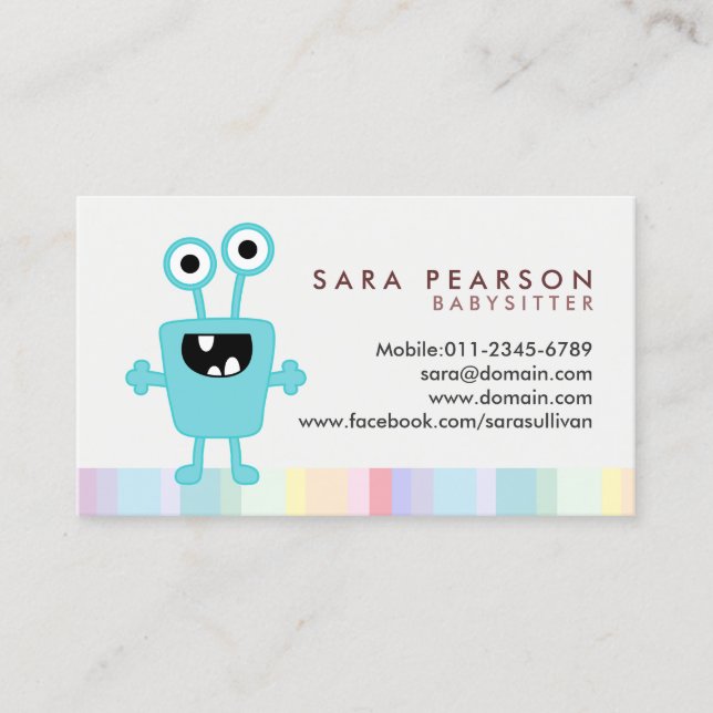 Carte De Visite Babysitter Cute Cyan Monster Alien Business Card (Devant)