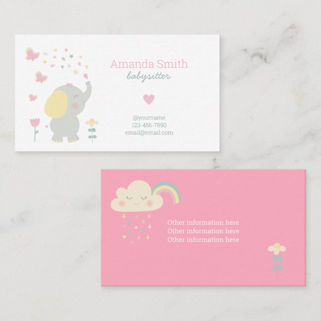 Carte De Visite Babysitter Cute Elephant Babysitting Service (Devant / Derrière)