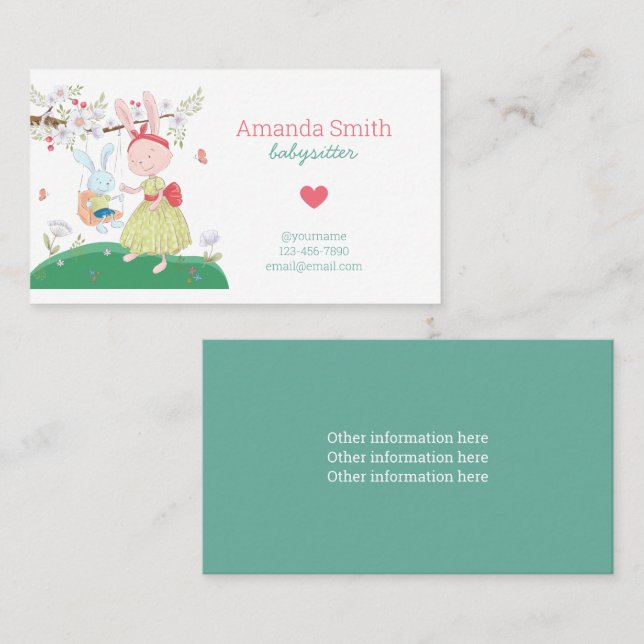 Carte De Visite Babysitter Cute Rabbit Service de garde d'enfants (Devant / Derrière)
