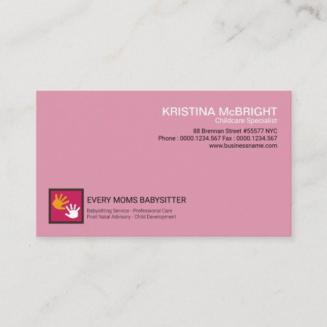 Carte De Visite Babysitter des mains mignonnes de rose pâle (Devant)