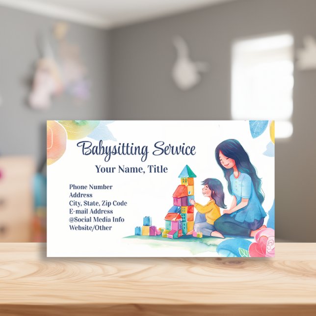 Carte De Visite Babysitter Nanny Garde d'enfants Blocs d'aquarelle (babysitting service babysitter business cards)