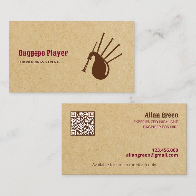 Carte De Visite Bagpiper QR pour la location de pipette (Devant / Derrière)