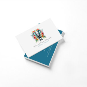 Carte De Visite Baie Florale Eléphant Bleu Blanc