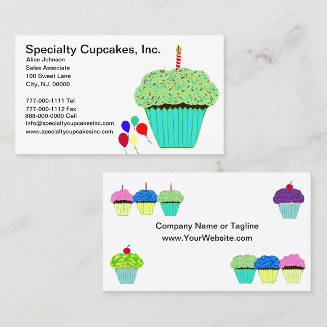 Carte De Visite Bake Shop Party Cupcakes Ballons (Devant / Derrière)