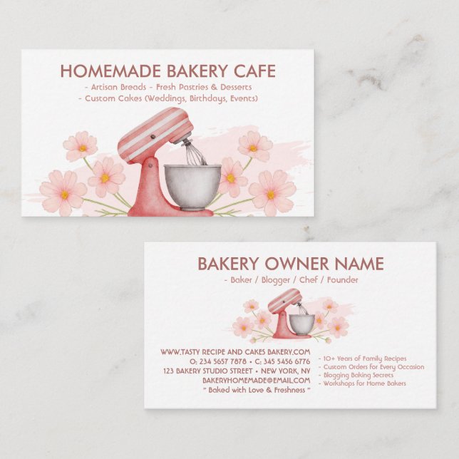 Carte De Visite Baking & Cuisine Florale Rose (Devant / Derrière)