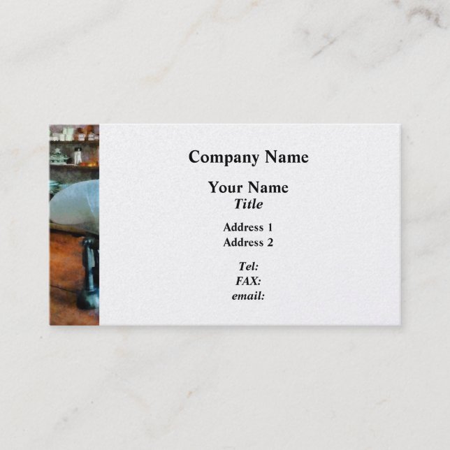 Carte De Visite Balance dans le magasin général - Finition Platine (Devant)