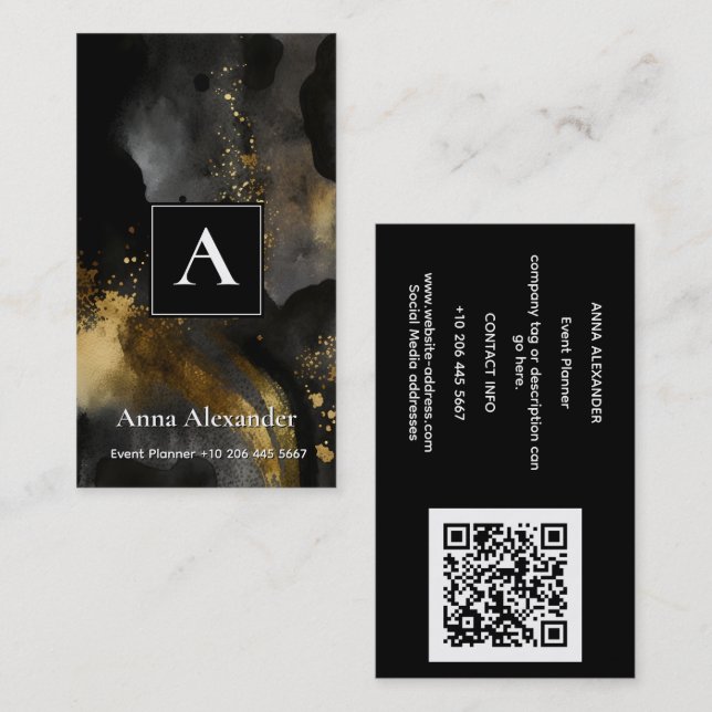 Carte De Visite Balayage Primordial | Design Abstrait Or Noir (Devant / Derrière)