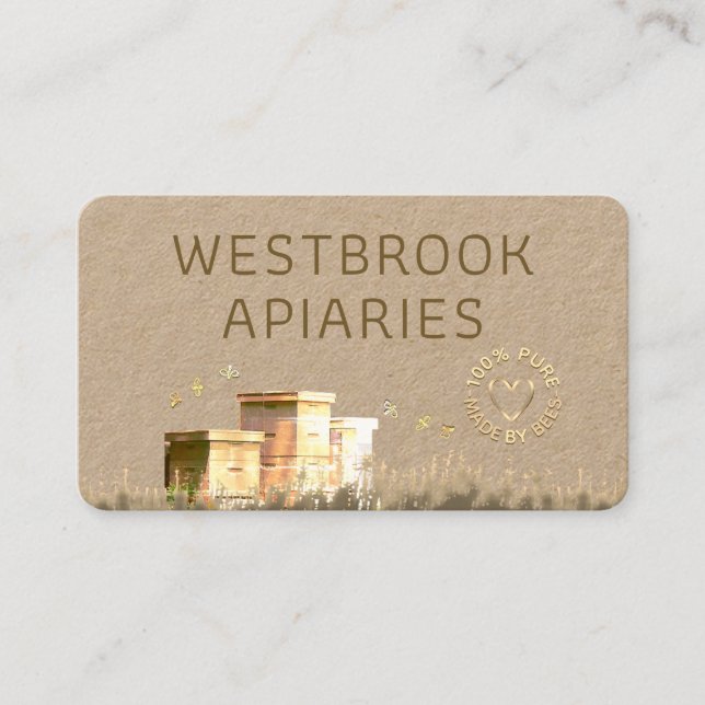 Carte De Visite Balise d'abeilles Kraft avec coeur d'or et abeille (Devant)