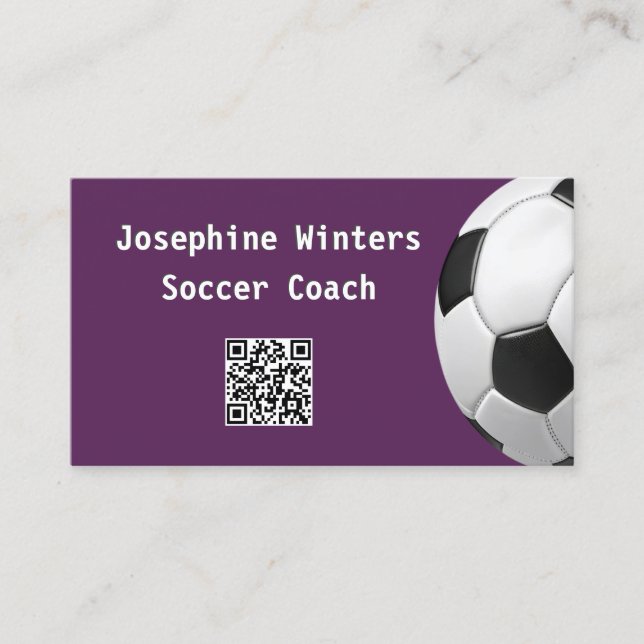 Carte De Visite Balle de Football Violet QR Code Minimal Entraîneu (Devant)