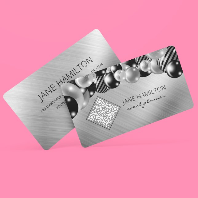 Carte De Visite Ballons élégants QR Code Argent (Créateur téléchargé)