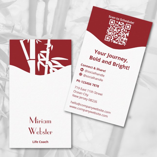 Carte De Visite Bamboo Rouge Blanc Vie Coach Portrait Personnel (Bamboo Red White Life Coach Portrait Personal Business Card, QR code, Tagline, Connect)