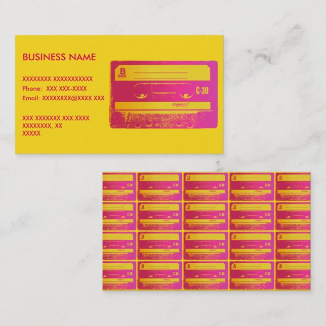 Carte De Visite Bande Cassette Rétro Rose et Jaune (Devant / Derrière)