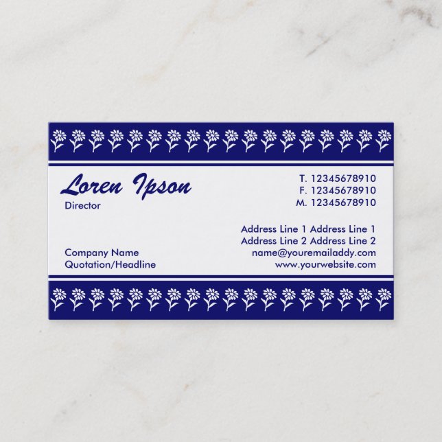 Carte De Visite Bande centrale (frontière de fleurs) - Bleu foncé (Devant)
