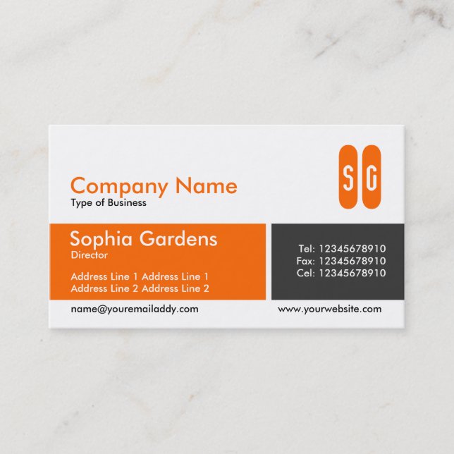 Carte De Visite Bande divisée - orange et gris-foncé - initiales (Devant)