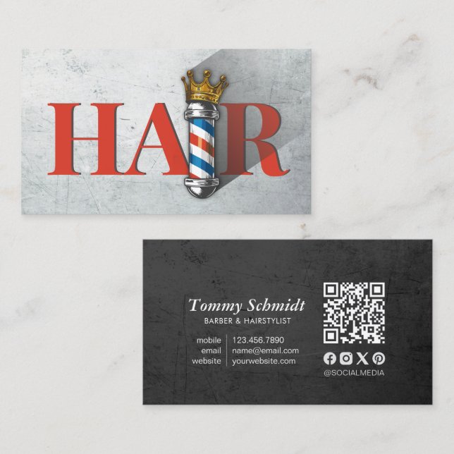 Carte De Visite Barber Hair Shop Royal Crown Barber Pole Code QR (Devant / Derrière)