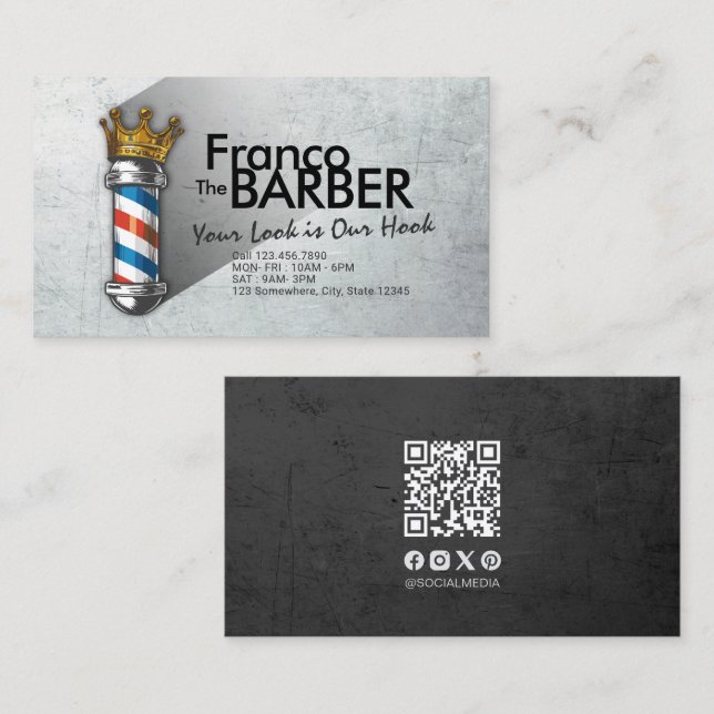 Carte De Visite Barber Hair Shop Royal Crown Barber Pole Code QR (Devant / Derrière)