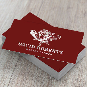 Carte De Visite Barber Razor & Logo Rose Barbershop Dark Red