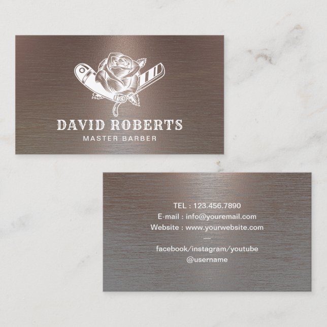 Carte De Visite Barber Razor & Rose Logo Cool Cuivre Barbershop  (Devant / Derrière)