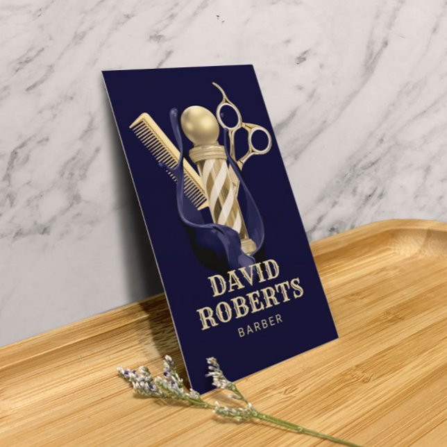 Carte De Visite Barber Shop Hair Styliste Marine & Gold Barbershop (Créateur téléchargé)