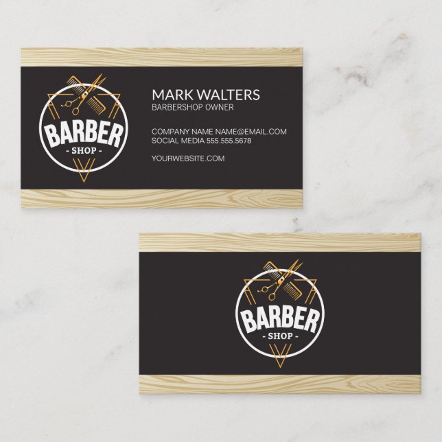 Carte De Visite Barber Shop | Logo en barbre | Bois (Devant / Derrière)