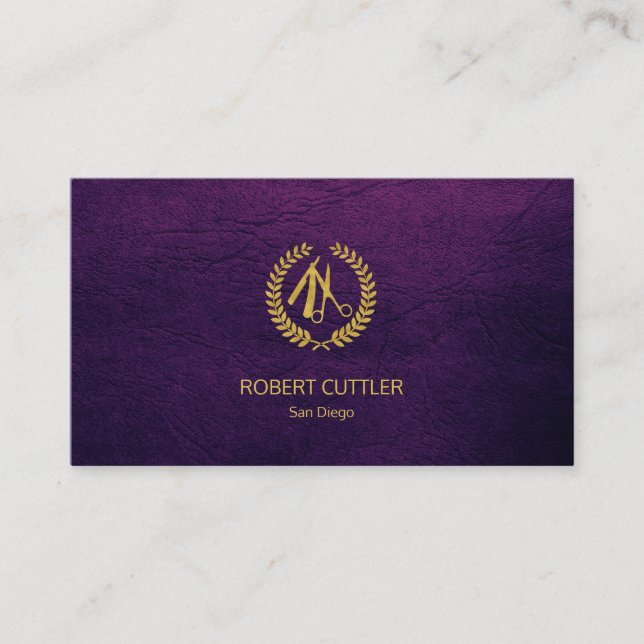 Carte De Visite Barber shop luxe simple or violet look cuir (Devant)
