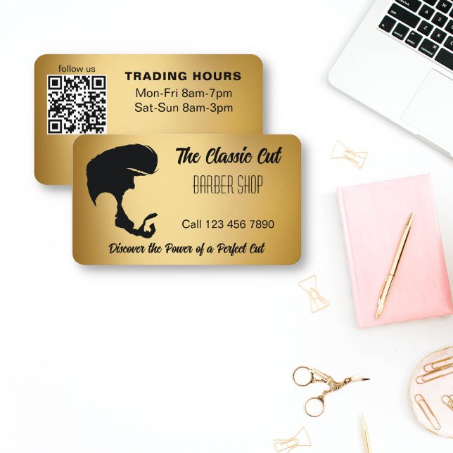 Carte De Visite Barber shop qr code or et noir (Barber shop business cards qr code gold and black men haircut silhouette barber business cards)