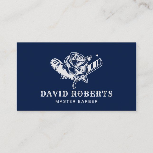 Carte De Visite Barber Shop Razor & Rose Logo Barbershop Navy (Devant)
