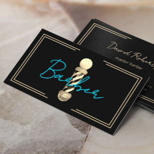 Carte De Visite Barber Turquoise Script Gold encadré de cheveux St