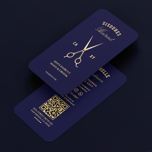 Carte De Visite Barbershop Barber Elégant Ciseaux Bleus Minuit (Créateur téléchargé)