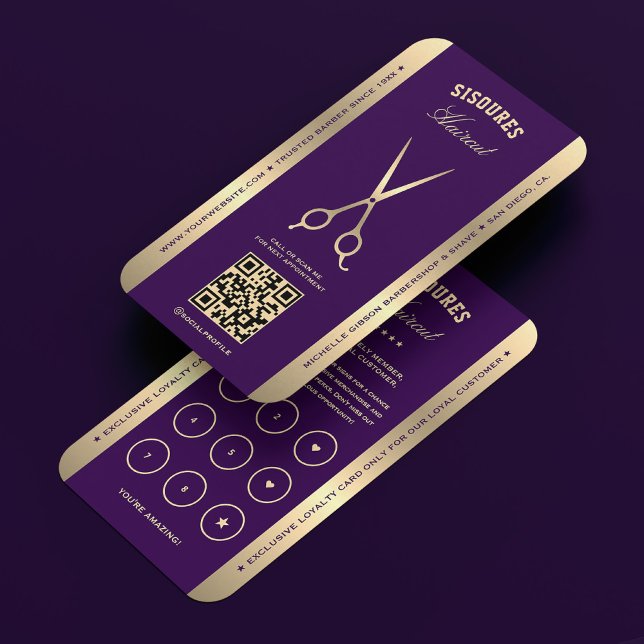 Carte De Visite Barbershop Dark Purple Barber Loyalty Card (Barber dark purple gold scissors loyalty business card)