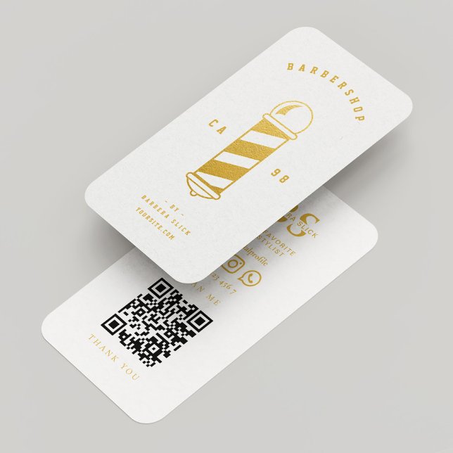 Carte De Visite Barbershop Gold Barber Pole Blanc Minimal moderne  (Barbershop Gold Barber Pole White Minimal Modern Business Card
)