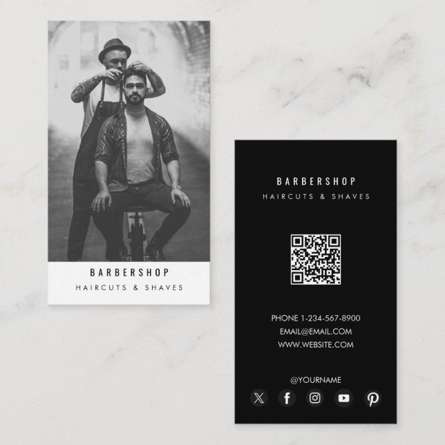 Carte De Visite Barbershop moderne Barber Photo QR Code (Devant / Derrière)