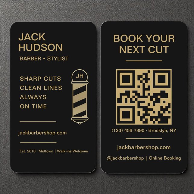 Carte De Visite Barbier Black Gold Barber Haircut QR Code (Créateur téléchargé)