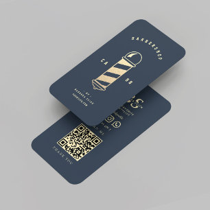 Carte De Visite Barbier moderne Bleu foncé Poteau de barbier doré