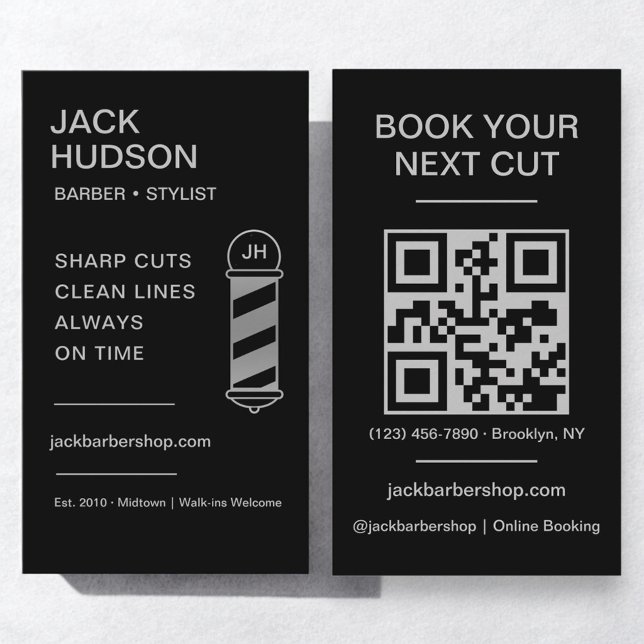 Carte De Visite Barbier noir en argent Barbier en coiffure Code QR (Créateur téléchargé)